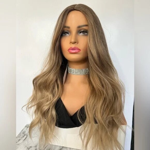 Blonde Balayage Wavy Light Ash Blonde w/ Brown Roots Wig 28" - Picture 7 of 7